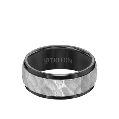 Triton 9MM Tungsten Carbide Ring - White Sandblasted Distressed Center and Bevel Edge