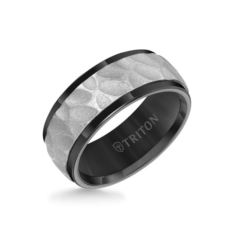 Triton 9MM Tungsten Carbide Ring - White Sandblasted Distressed Center and Bevel Edge
