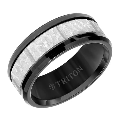 9MM Tungsten Carbide Comfort Fit Men's Black Band with Gray Sand Blasted Textured Center with Vertical Cuts and Polished Rims