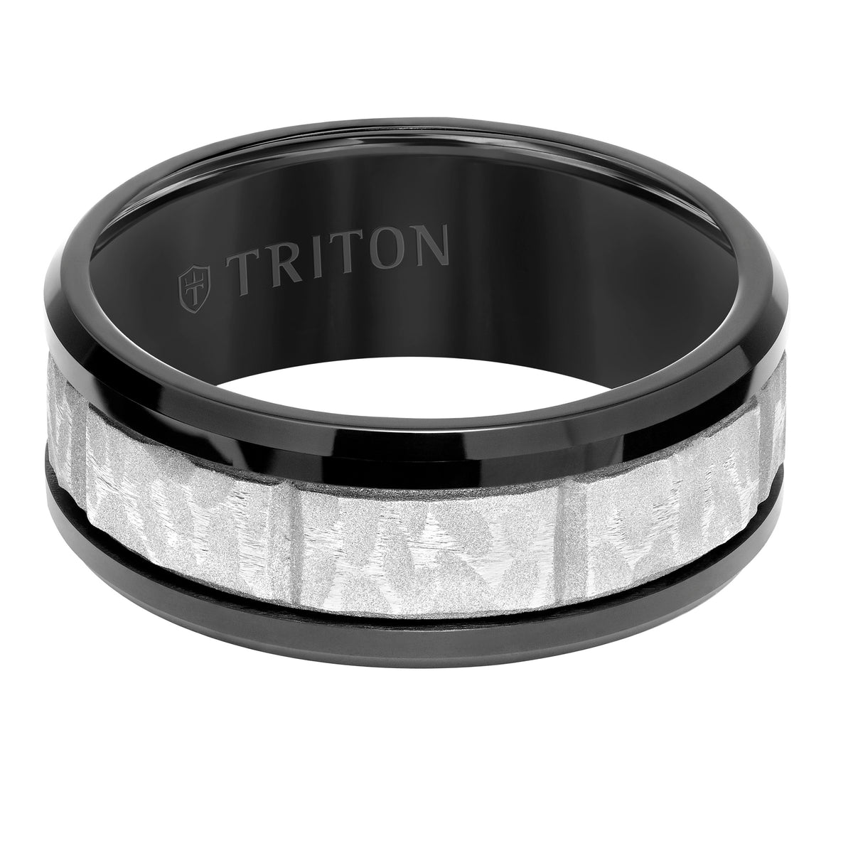 9MM Tungsten Carbide Comfort Fit Men's Black Band with Gray Sand Blasted Textured Center with Vertical Cuts and Polished Rims