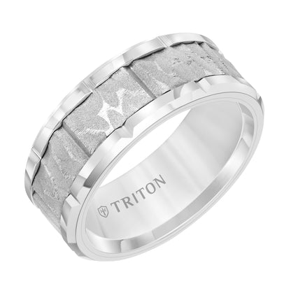 9MM Tungsten Carbide Comfort Fit Men's White Band with Gray Sand Blasted Textured Center with Vertical Cuts and Bright Cut Rims