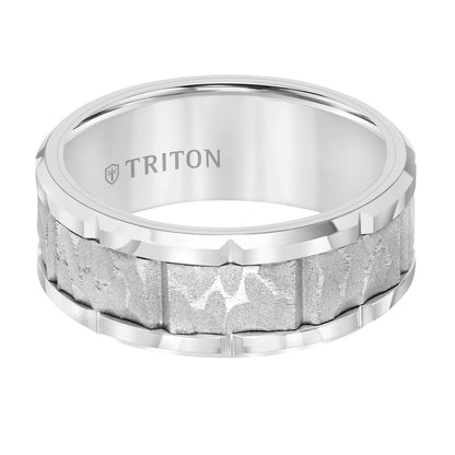 9MM Tungsten Carbide Comfort Fit Men's White Band with Gray Sand Blasted Textured Center with Vertical Cuts and Bright Cut Rims