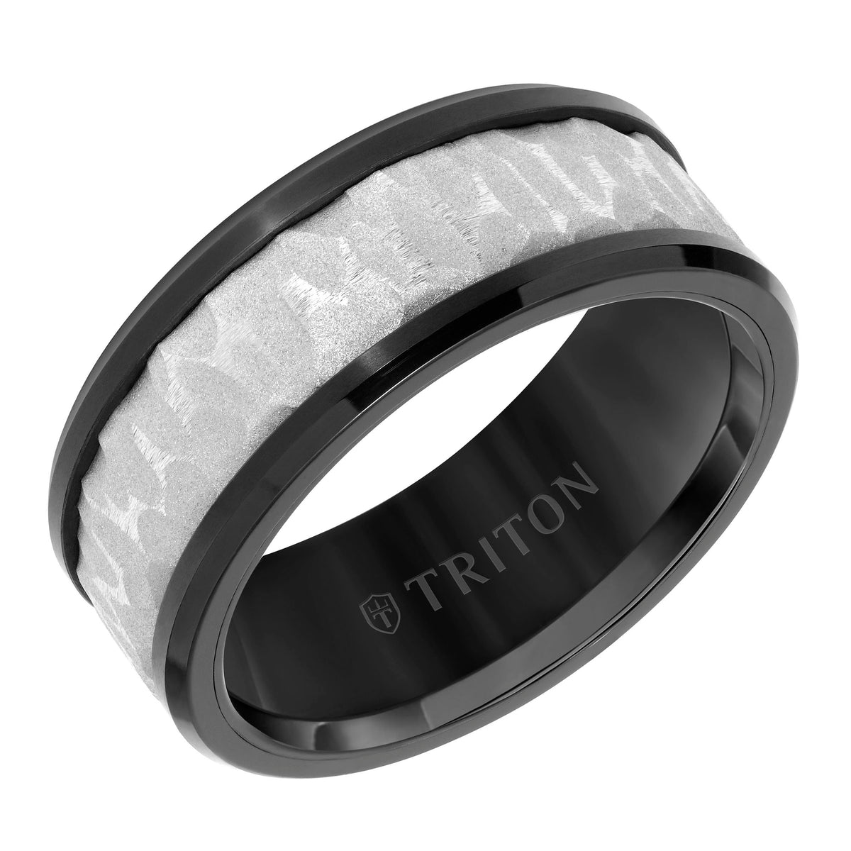 9MM Tungsten Carbide Comfort Fit Men's Black Band with Gray Sand Blasted Textured Center with Flat Profile and Polished  Rims