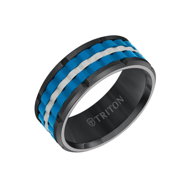 Triton 9MM Tungsten Carbide Ring - Basketweave Center & Bevel Edge