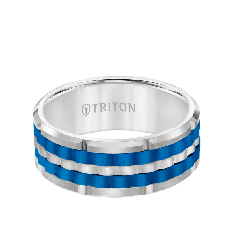 Triton 9MM Tungsten Carbide Ring - Basketweave Center & Bevel Edge