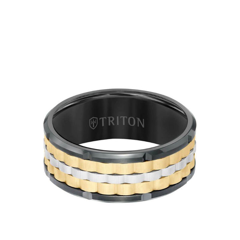 Triton 9MM Tungsten Carbide Ring - Basketweave Center & Bevel Edge