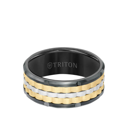 Triton 9MM Tungsten Carbide Ring - Basketweave Center & Bevel Edge