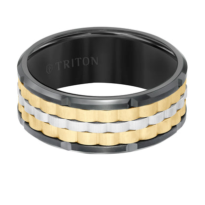 9MM Tungsten Carbide Ring - Basketweave Center & Bevel Edge