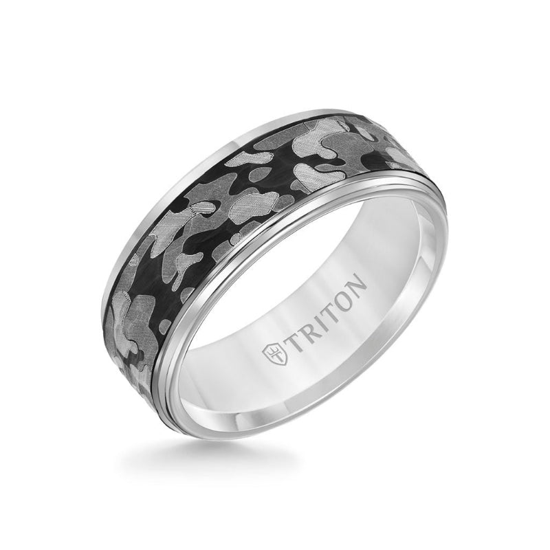 Triton 8MM Tungsten Carbide Ring - Camo Pattern and Flat Edge