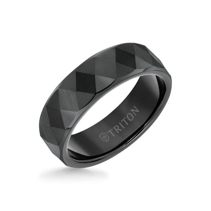 Triton 7MM Tungsten Carbide Ring - Faceted Diamond Pattern and Flat Edge