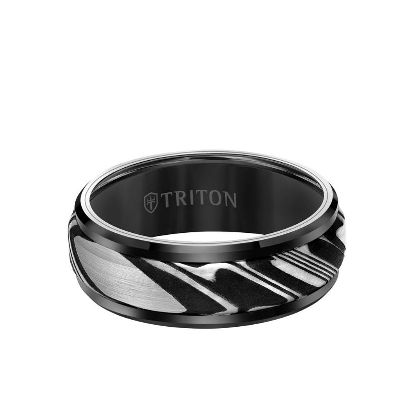 Triton 8MM Tungsten Carbide Ring - Damascus Steel with Bevel Edge