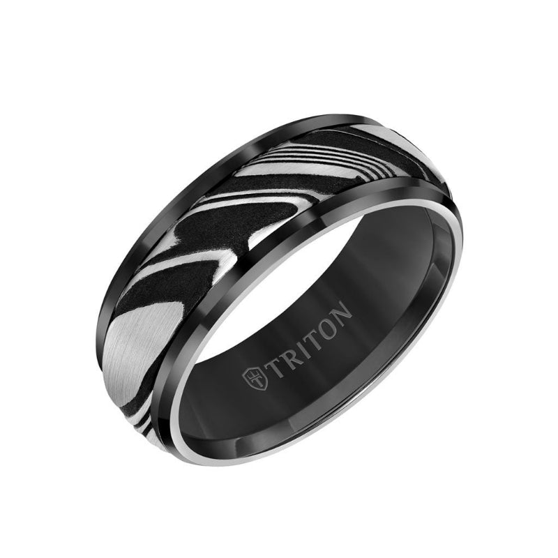 Triton 8MM Tungsten Carbide Ring - Damascus Steel with Bevel Edge