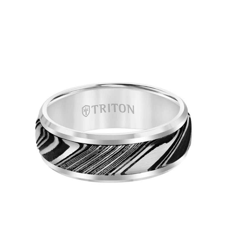Triton 8MM Tungsten Carbide Ring - Damascus Steel with Bevel Edge