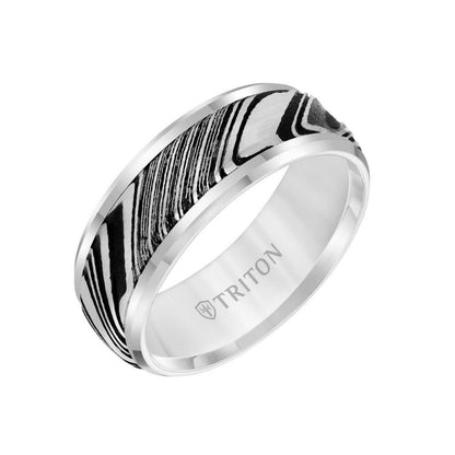 Triton 8MM Tungsten Carbide Ring - Damascus Steel with Bevel Edge