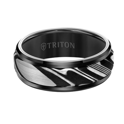 8MM Tungsten Carbide Ring - Damascus Steel with Bevel Edge