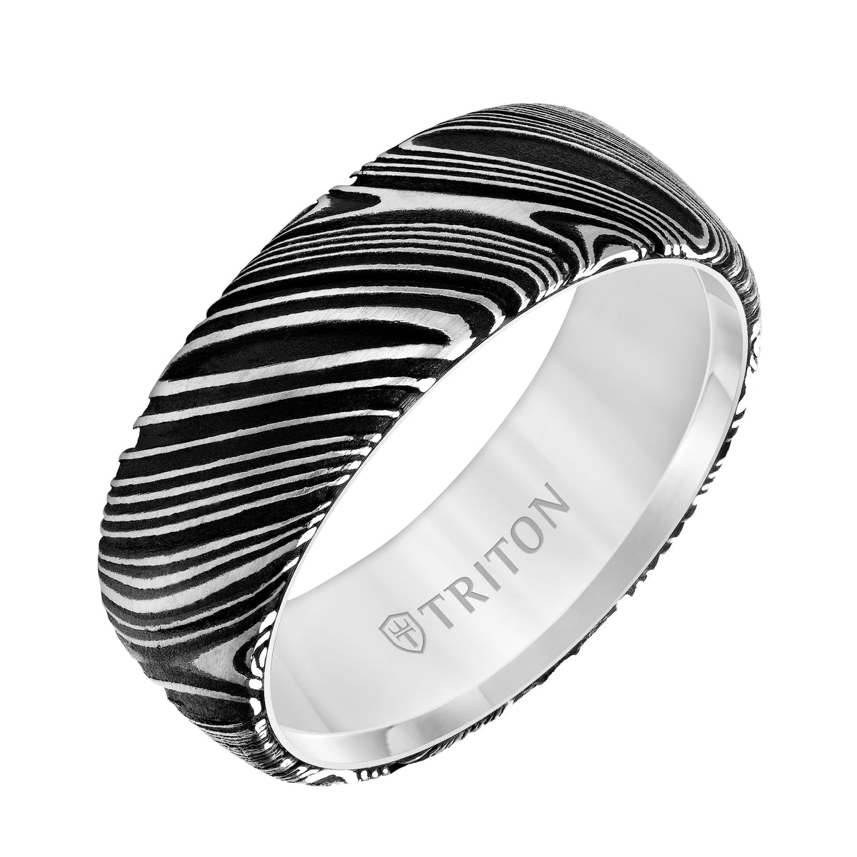 8MM White Tungsten Carbide Ring with Damascus Steel