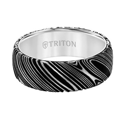 8MM White Tungsten Carbide Ring with Damascus Steel