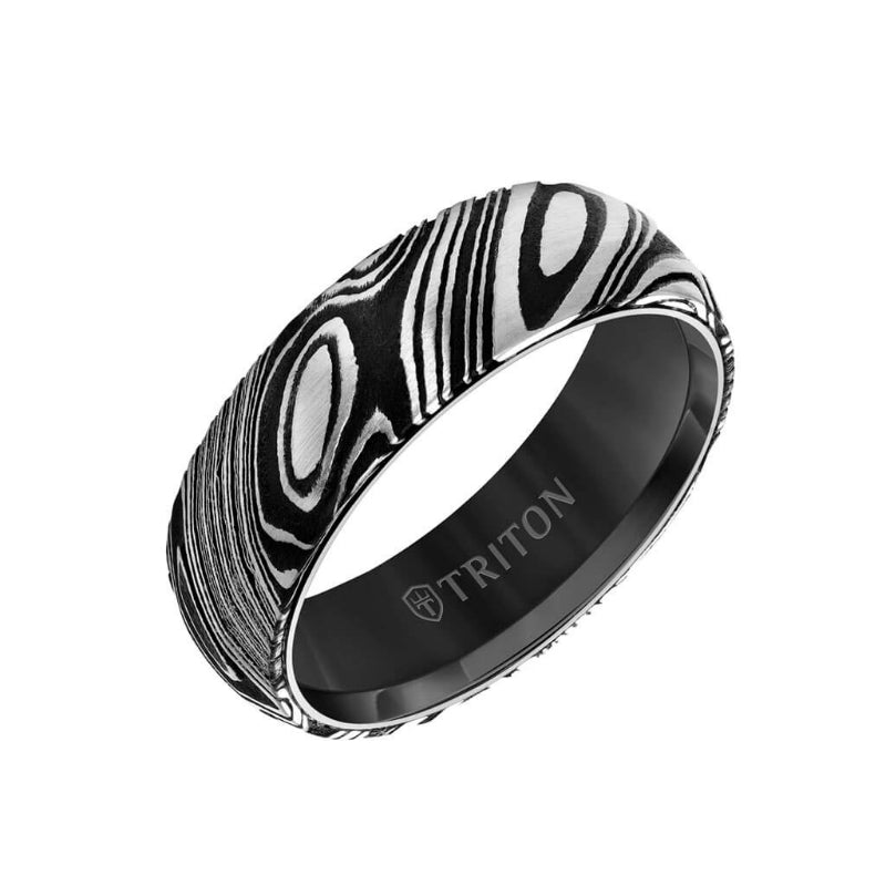 Triton 7MM Black Tungsten Carbide Ring with Damascus Steel