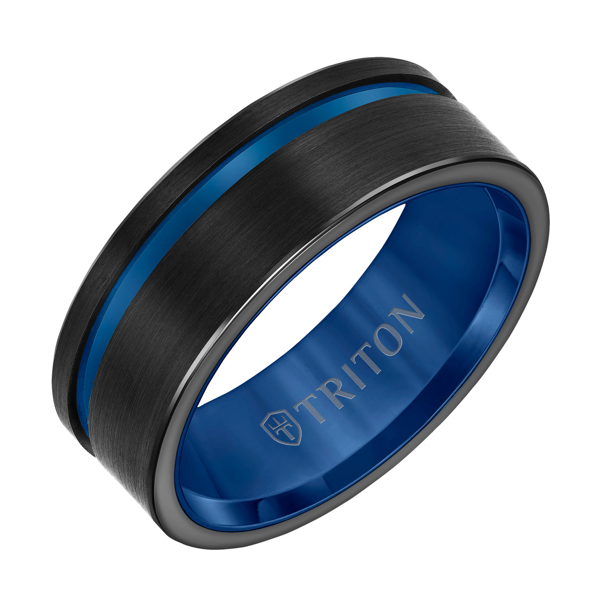 8mm Black Tungsten Carbide Ring with Satin Finish and Asymmetrical White Cut