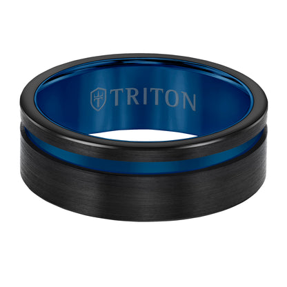 8mm Black Tungsten Carbide Ring with Satin Finish and Asymmetrical White Cut