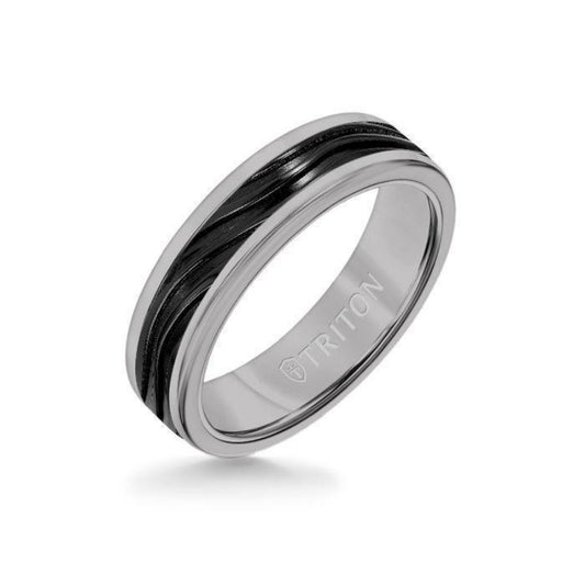 Triton 6MM Grey Tungsten Carbide Ring - Wave Black Titanium Insert with Round Edge
