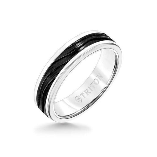 Triton 6MM White Tungsten Carbide Ring - Wave Black Titanium Insert with Round Edge