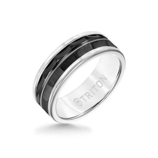 Triton 8MM White Tungsten Carbide Ring - Chevron Black Titanium Insert with Round Edge