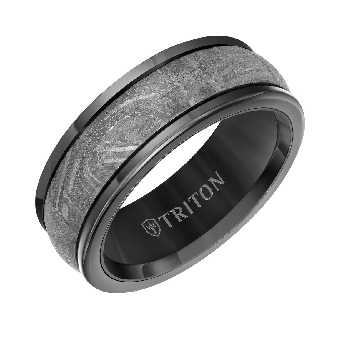8MM Gray Tungsten Carbide Base with Rd Rims/Meteorite Insert Engraved Band