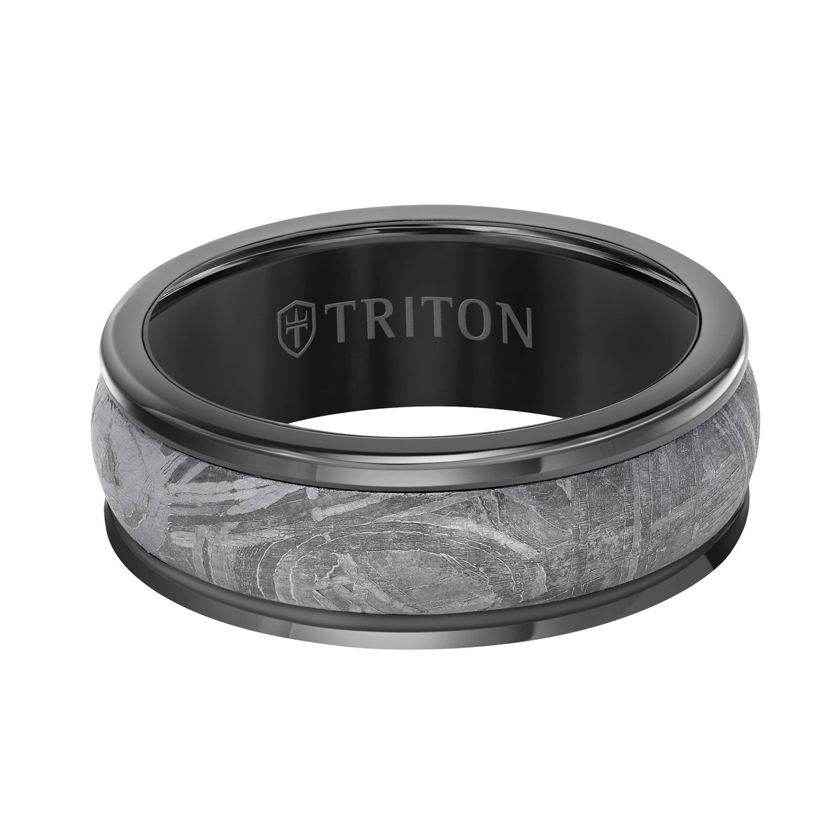 8MM Black Tungsten Carbide Base with Rd Rims/Meteorite Insert Engraved Band