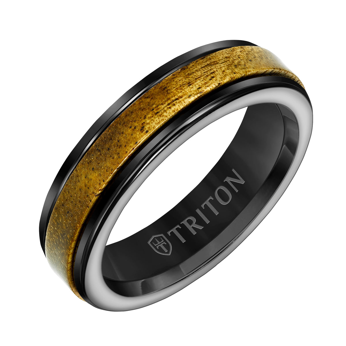 6MM White Tungsten Carbide Base with Rd Rims/Brown Wood Insert Engraved Band