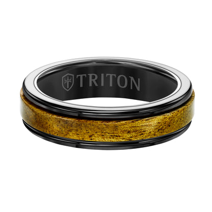 8MM Gray Tungsten Carbide Base with Rd Rims/Brown Wood Insert Engraved Band