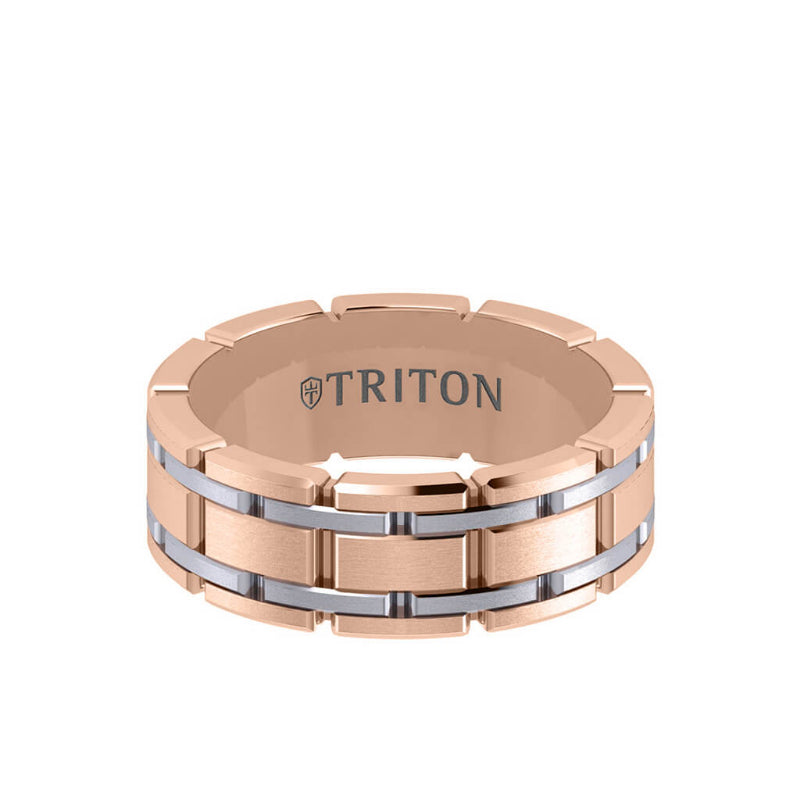 Triton 8MM 14K Gold Ring - Satin Finish Stitch Design and Flat Edge