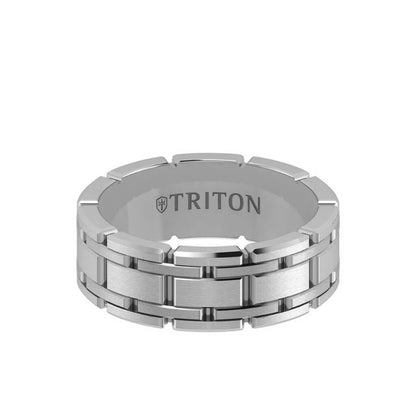 Triton 8MM 14K Gold Ring - Satin Finish Stitch Design and Flat Edge
