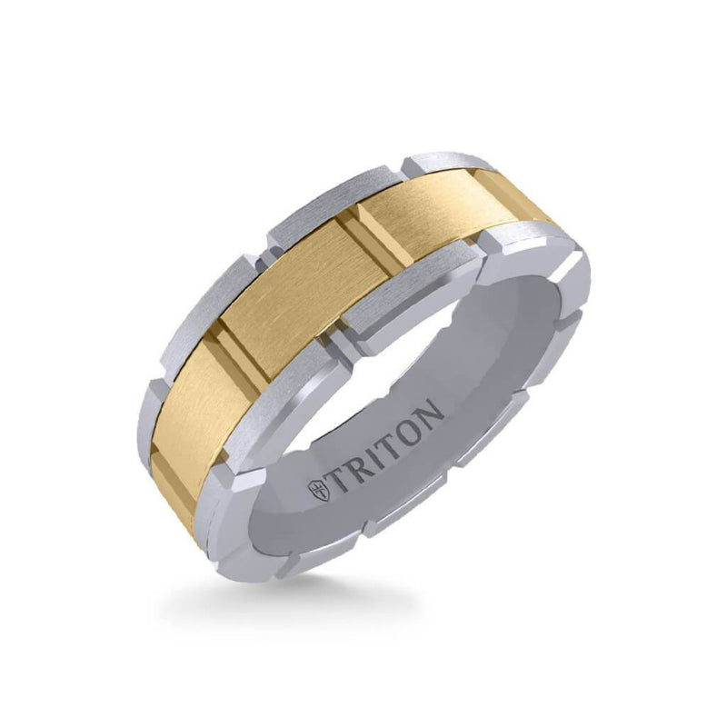 Triton 7MM 14K Gold Ring - Satin Finish Link Design and Flat Edge