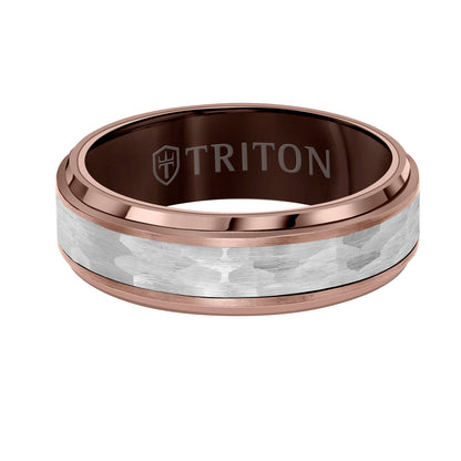 7MM Espresso Tungsten Carbide Ring - Hammered Center and Step Edge