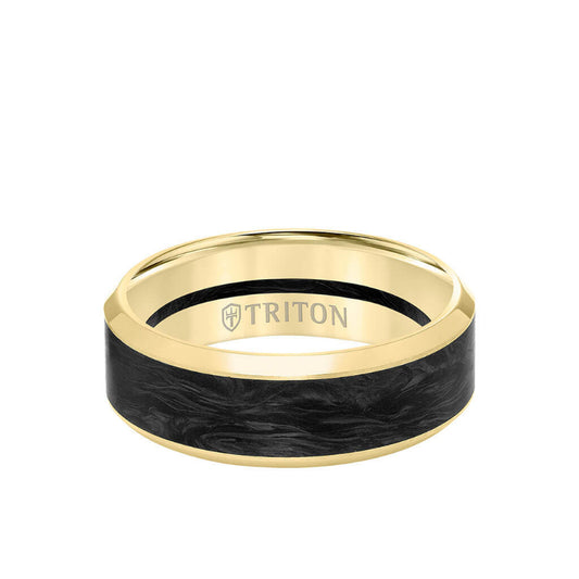 Triton 8MM 14K Gold Ring + Forged Carbon - Channel Center & Bevel Edge