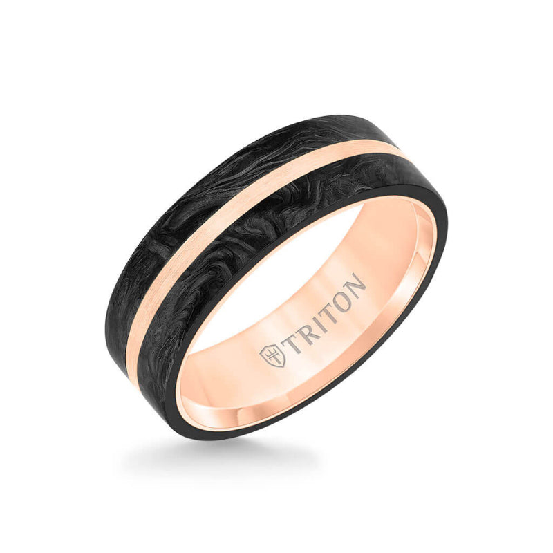 Triton 7MM 14K Gold Ring + Forged Carbon - Flat Profile and Center Channel