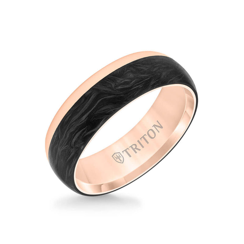 Triton 7MM 14K Gold Ring +Forged Carbon - Dome Profile with Asymmetrical Channel