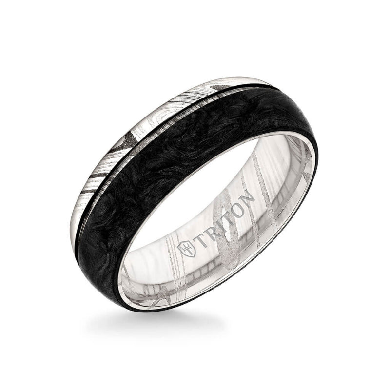 Triton 7MM Damascus Steel & Forged Carbon Ring - Dome Profile & Asymmetrical Channel with Groove