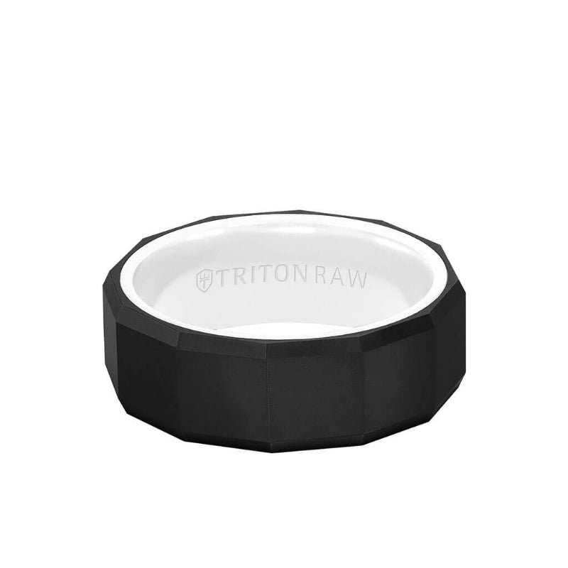 Triton 8MM Tungsten RAW Black DLC Ring - Faceted Pattern, Ceramic Interior and Bevel Edge