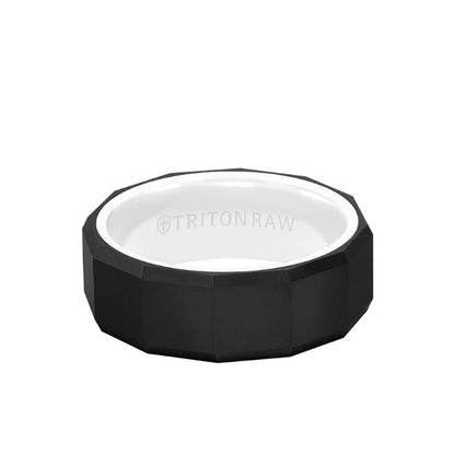 Triton 8MM Tungsten RAW Black DLC Ring - Faceted Pattern, Ceramic Interior and Bevel Edge