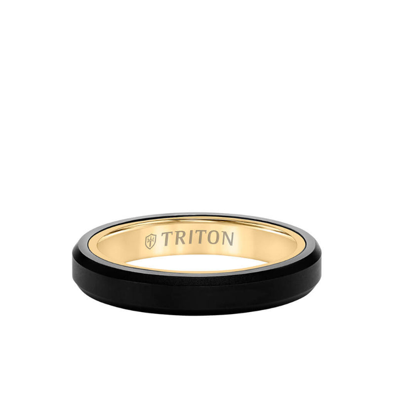 Triton 4MM Tungsten Raw Black DLC + 14K Gold Ring - Bevel Edge with 14K Gold Interior