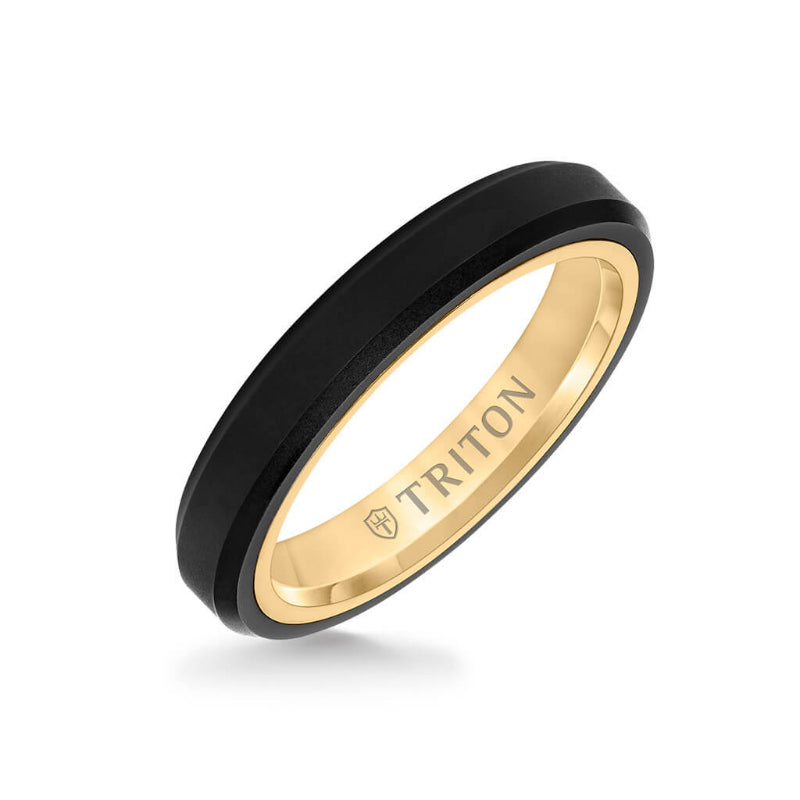 Triton 4MM Tungsten Raw Black DLC + 14K Gold Ring - Bevel Edge with 14K Gold Interior
