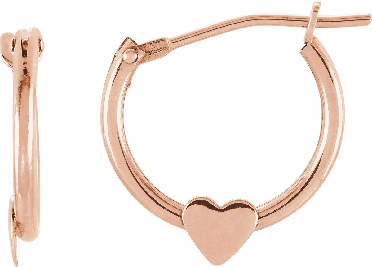 14K Rose Hinged Hoop Earrings with Heart