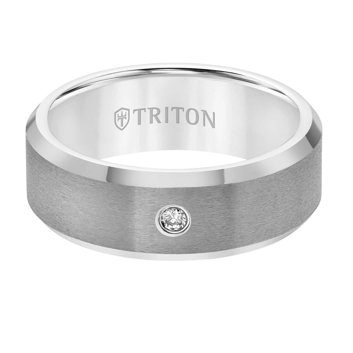 8mm White Tungsten carbide Bevel Edge comfort fit diamond band with satin finish center