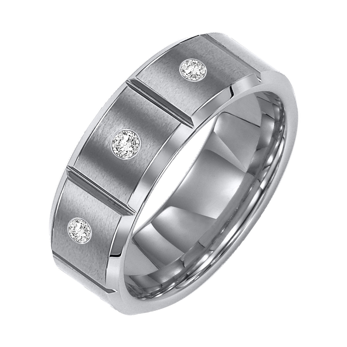 8mm Tungsten carbide Bevel Edge satin finish comfort fit diamond wedding band with bright vertical cuts