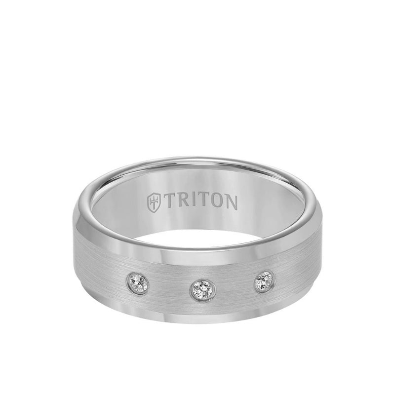 Triton 8MM Tungsten Diamond Ring - 3 Stone Satin Finish Center and Bevel Edge