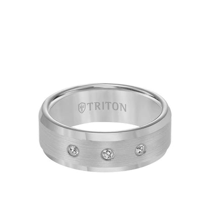 Triton 8MM Tungsten Diamond Ring - 3 Stone Satin Finish Center and Bevel Edge