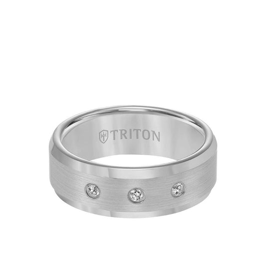 Triton 8MM Tungsten Diamond Ring - 3 Stone Satin Finish Center and Bevel Edge