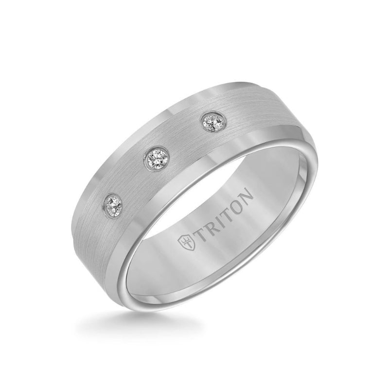 Triton 8MM Tungsten Diamond Ring - 3 Stone Satin Finish Center and Bevel Edge